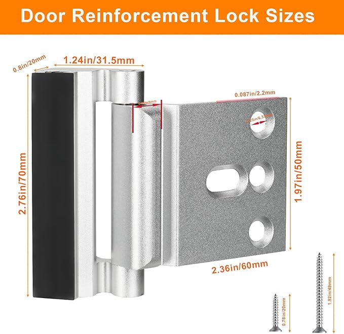 Home Security Door Reinforcement Lock, Upgraded Front Door Locks for Kids Safety Withstand 800 lbs, Child Proof Door Lock, Extra Door Lock from Inside Prevent Unauthorized Entry (2 Pack, Silver)