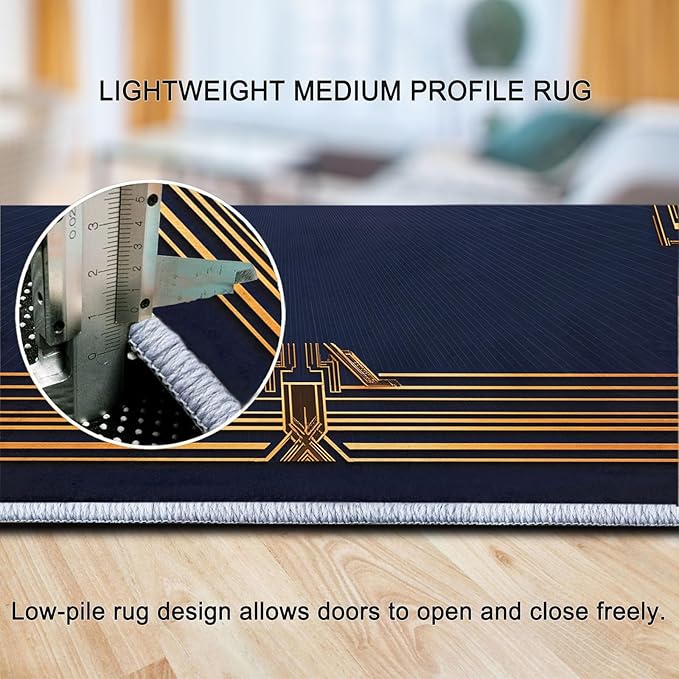 Dark Washable Area Rug Geometric Gold Rectangle Frame 4 x 6 ft Carpet, Soft Flannel Non Slip Floor Carpet for Living Room Bedroom Throw Runner Rugs