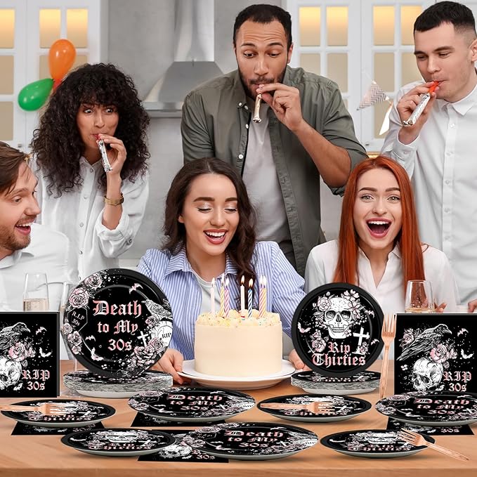 Qyeahkj 100 Pcs 40th Birthday Party Supplies Death to My 30s Paper Plates and Napkins Set Black Rose Gold Rip to My 30s Disposable Tableware Decorations for Women Thirties Funeral Youth Serve 25 Guest