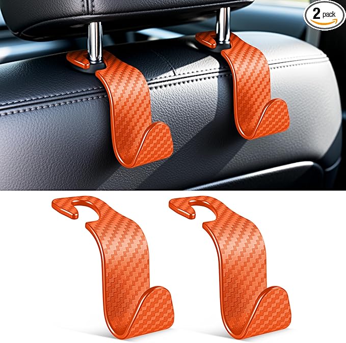 SINGARO Universal 2 Pack Car Seat Headrest Purse Hook, Carbon Fiber Back Seat Hook Storage Organizer Hanger for Purse Handbag Coat, Car Interior Accessories(Orange)