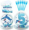 96Pcs Shark 5th Birthday Party Supplies Blue Ocean Shark Plates and Napkins Under The Sea Tableware Set for Kids 5 Years Old Blue Ocean Theme Birthday Party Supplies，Serves 24