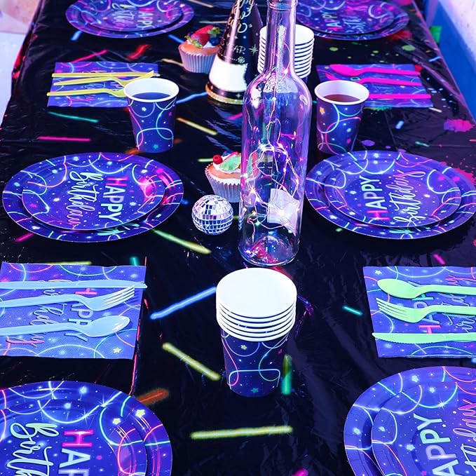 Meanplan Serves 24 Guests Neon Happy Birthday Party Plates and Napkins Neon Glow Birthday Tableware Set Let's Glow Party Decorations for Kids Included Cups Knives Forks Spoons Total 168 Pcs