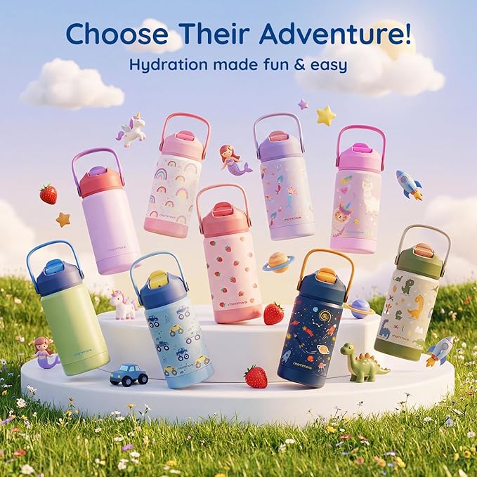 Mommore Kids Water Bottle 12 oz, Insulated Stainless Steel Water Bottle with Straw, Leakproof & BPA-Free, Vacuum Insulated Travel Water Bottle for School, Outdoor Strawberry-1 Pc