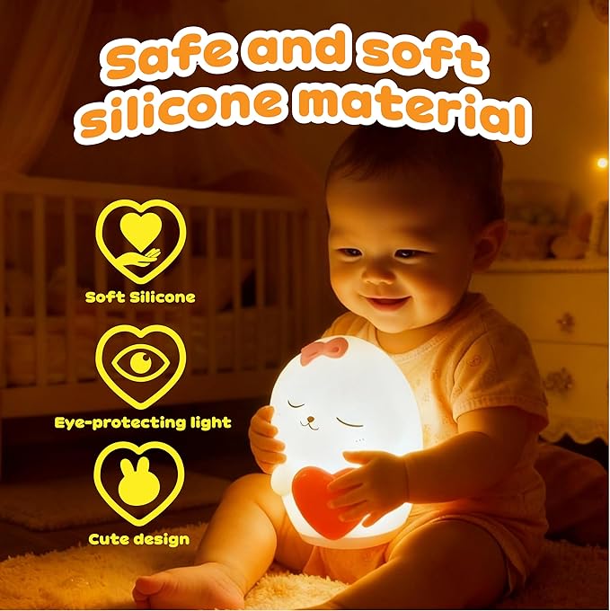 Rechargeable Rabbit Night Light for Kids: Soft silicone squishy LED with 7 colors & dimming. Fits college dorms, baby rooms; great for breastfeeding. Ideal gifts for girls & boys.