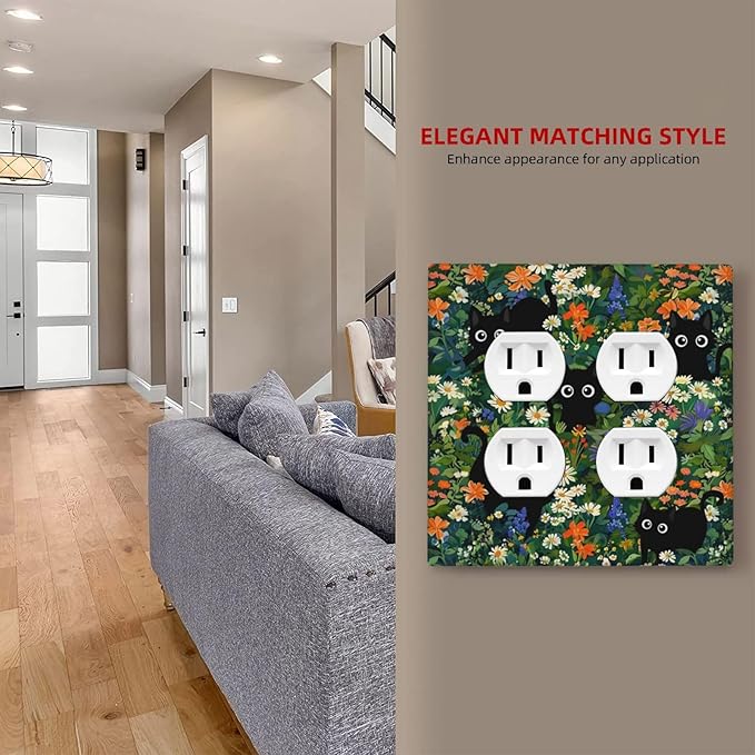 Funny Cute Animal Black Pet Cat Paw 2-Gang Device Duplex Wall Plate, Kid Boy Kitten Green Floral Daisy Flower Decorative Two Gang Double Duplex Receptacle Socket Outlet and Light Switch Cover Plate
