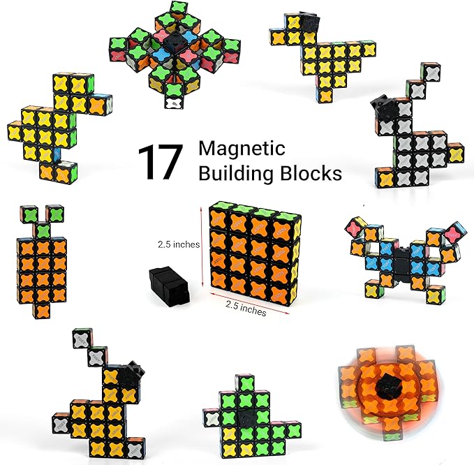TOSY Magnet Fidget Spinner Glow - 16 Blocks, 3in1 Toy: Transformable Fidget Spinner, Infinity/Puzzle Cube, Easter Basket Stuffers Gift for Kids/Adults, Glowing STEM Sensory Stress Relief, 2-Pack
