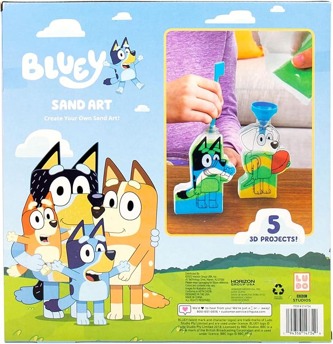 Bluey Sand Art Kit, Includes 5 Sand Art Bottles & 7 Colored Sands, Create Your Own Sand Art, DIY Kit, Fun Art Project for Kids Aged 6+
