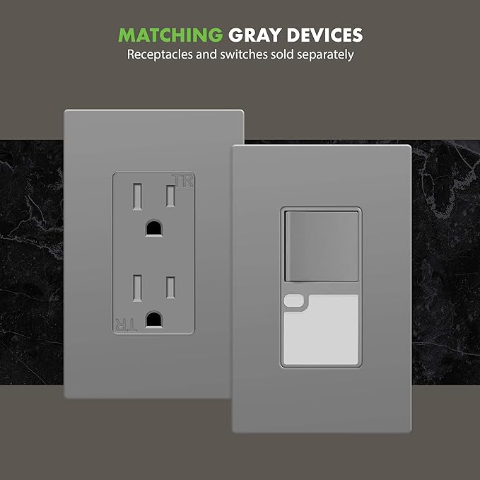 ENERLITES Grey Screwless Decorator Wall Plate Child Safe Outlet, Size 1-Gang 4.68" H x 2.93" L Switch Cover, Unbreakable Polycarbonate Thermoplastic, SI8831-GY, Glossy, Gray