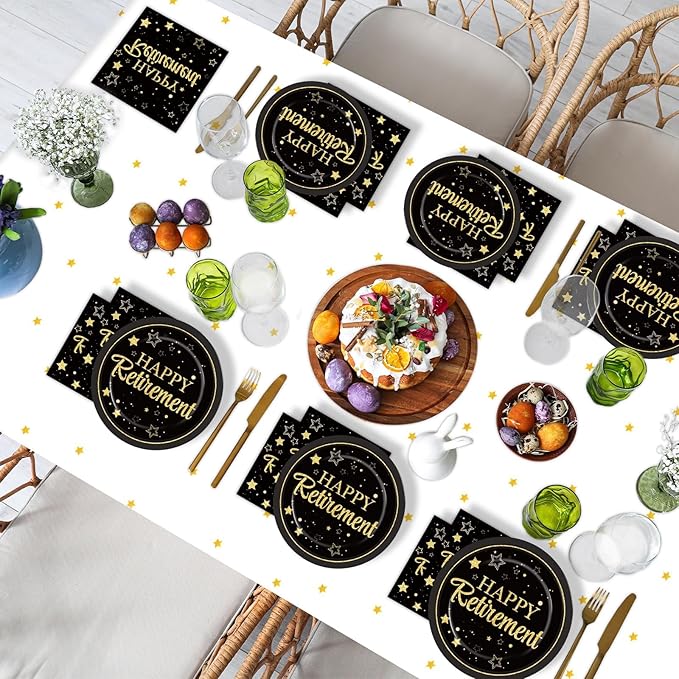 Happy Retirement Party Supplies Serves 24 Black and Gold Retirement Party Paper Plates Napkins Retirement Tablecloth Set Tableware Kit for Men Women Say Goodbye Party