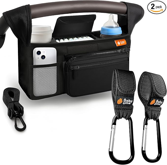 Baby Uma Stroller Caddy & Stroller Hooks - Universal Organizer Bag with XL Insulated Cup Holder, Phone Pocket, Wipes Dispenser, Wrist Bag & Mesh Pocket + 2 Carabiner Clips, Baby Travel Essential Kit