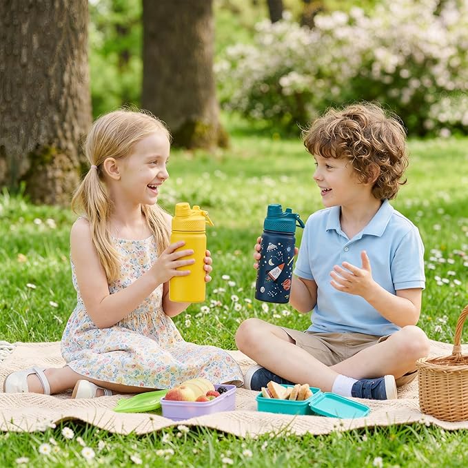 Fijinhom 12 oz Kids Water Bottle, 2-in-1 Stainless Steel Vacuum Insulated Water Bottle for Toddler, Leak Proof Spout & Straw, Double Wall Thermal Flask for Boys&Girls, School, Outdoor, Travel (Planet)