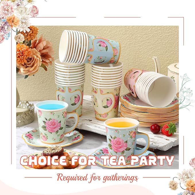 Umigy 36 Sets Mother's Day Tea Party Decorations 9 oz Floral Paper Teacups & Saucer Set for Girls Women Tea Parties Mothers Day Bridal Shower Wedding Birthday Party Decorations(Multicolored)
