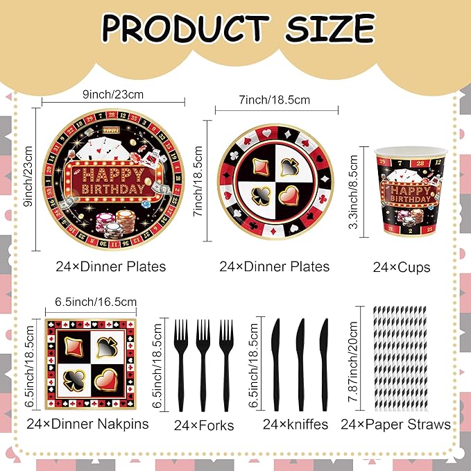 168PCS Casino Party Supplies for Girls Boys Kids Las Vegas Themed Happy Birthday Party Decorations Poker Paper Plates Napkin Cups Forks Knives Straw Tableware for 24 Guests