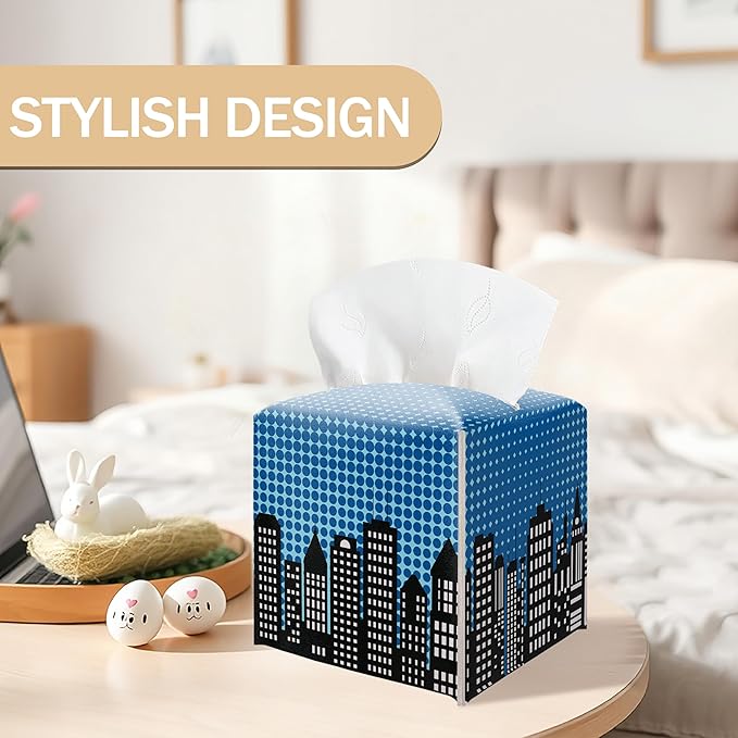 Blue Super Hero City Leather Tissue Box Cover – Tissue Box Holder Square Facial Paper Organizer, Kids Birthday Party Decor & Gift for Bathroom, Super Hero Birthday Party Decorations