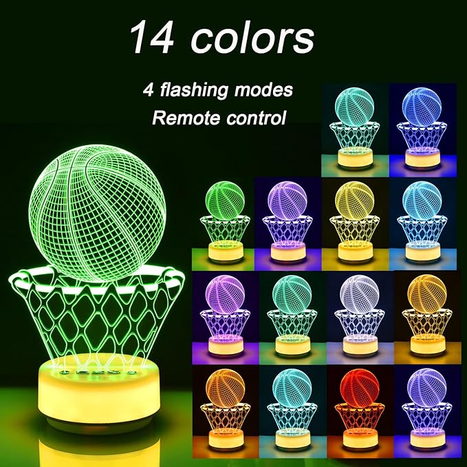 Basketball Night Light for Kids, Basketball Gift for Sports Players Fans, Decor Bedside Lamp for Bedroom/Office, 5 Buttons and Remote Control 14 Colors, Timer, Dim, Independent Warm White Lamp Base