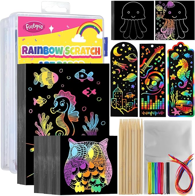Funtopia 240 Sheets Rainbow Scratch Paper, Color Scratch Art for Kids Ages 4 5 6 7 8 9 10 Girls Boys, Art Crafts Party Favors Drawing Kits with Guide for School Classroom Travel Birthday Party Gifts
