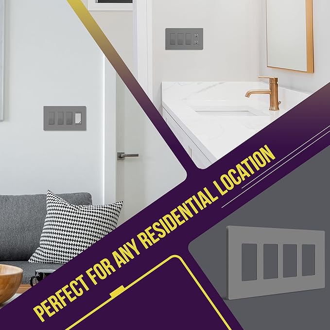 ENERLITES Screwless Decorator Wall Plates Child Safe Outlet Covers, Gloss Finish, Medium Size 4-Gang 4.88" H x 8.58” L, Unbreakable Polycarbonate Thermoplastic, SI8834M-GY, Gray