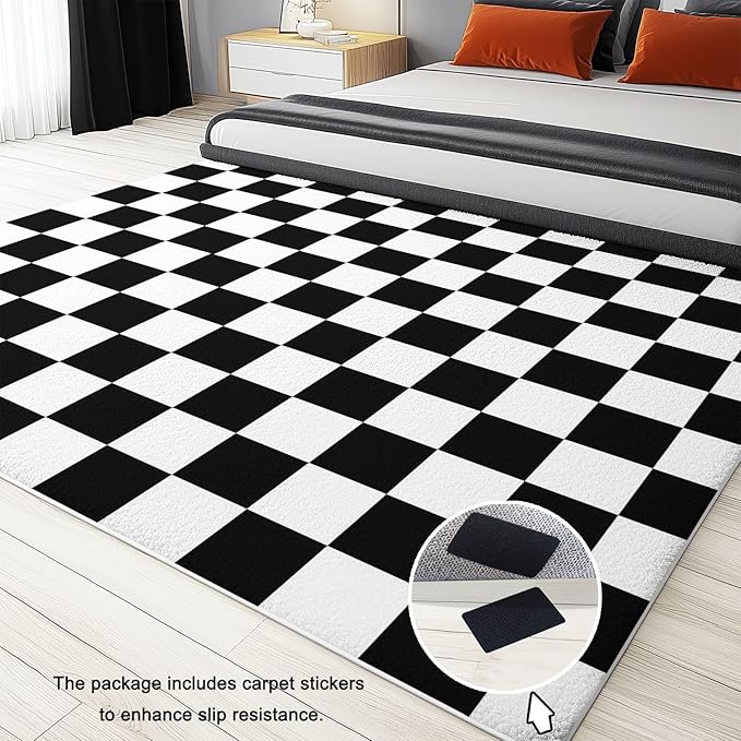 Black and White Flannel Rug 5 x 7 ft Machine Washable Area Rug Geometric Black and White Checkered Non Slip Rugs, for Living Room Bedroom Office Kids Playroom Decor Carpet Mat