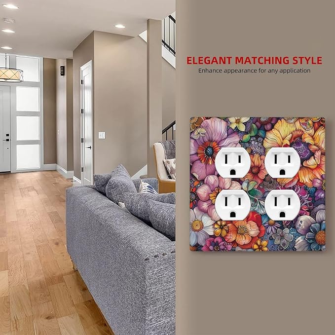 Outlet Covers Colorful Bohemian Flowers Vintage Boho Floral 2 Gang Double Duplex Decorative Light Switch Covers Electrical Wallplates Socket Faceplate for Bed Room living Room Decor