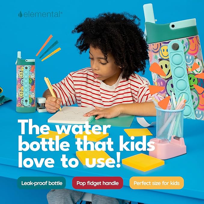 Elemental Iconic Kids Water Bottle for School - 100% Leak-Proof Insulated Water Bottles with Straw Lid & Pop-It Handle for Boys & Girls - Triple-Wall Insulated & BPA-Free, 14oz – Graffiti Smile