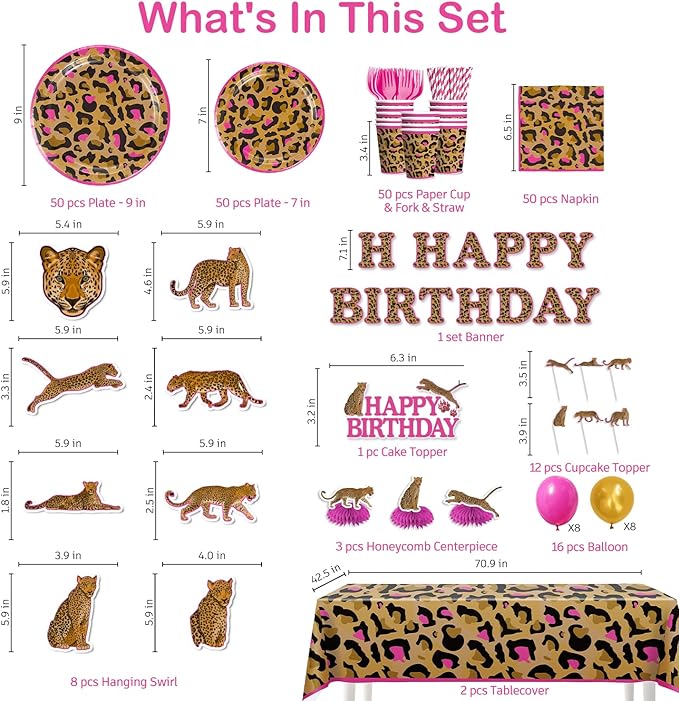 cocomigo 343pcs Cheetah Birthday Decorations Tableware Set, Serves 50 Guests, Cheetah Print Birthday Decorations includes 350 gsm Plates, Balloons, Tablecloths, for Leopard Theme Party Supplies