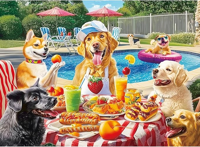 300 Pieces Puzzles for Adults,Summer Dog Pool Party & Food Puzzle,Large Puzzles Pieces for Seniors,Fun Puppy Jigsaw Puzzles for Kids Ages 8-10,Challenging Family Games,Holiday Party Gifts,20.5 x 15 In