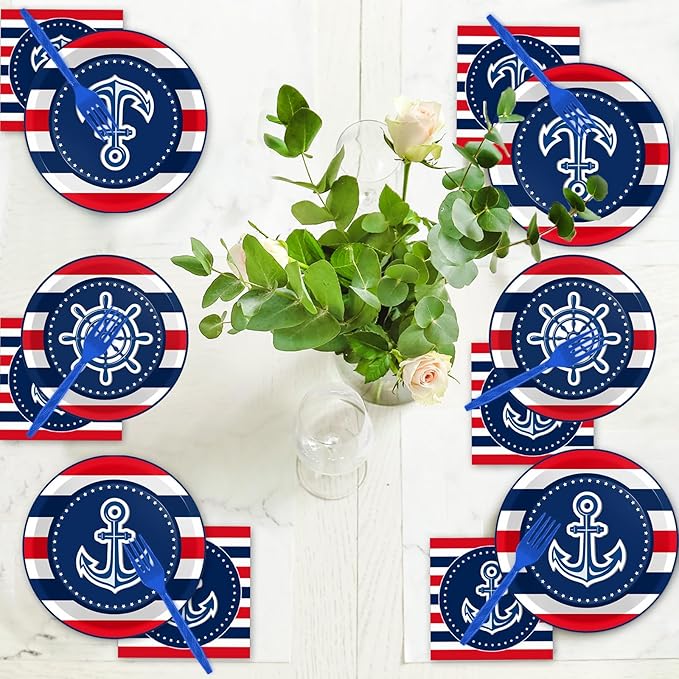 96 Pcs Nautical Anchor Party Plates Napkins Tableware Set Anchor Theme Supplies Disposable Dinnerware Sailor Boat Ship Decoration Favors for Navy Baby Shower Birthday, 24 Guests