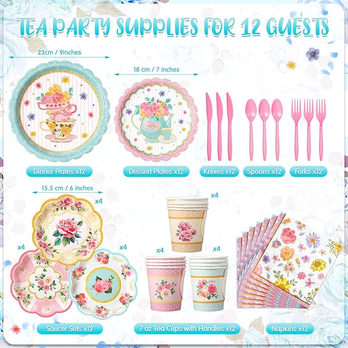 SiliFine 106 Pcs Tea Party Supplies for 12 Guests Include Plates Tea Cups Saucers Napkins Cupcake Stand Tablecloth Banners Floral Tea Party Tableware Set for Girls Birthday Baby Shower Party Favors