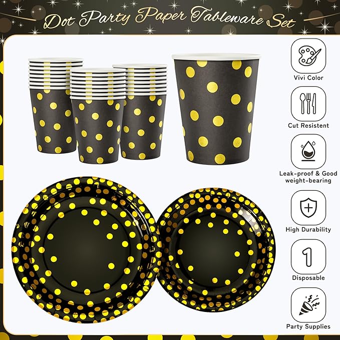 Black and Gold Dots Plates Set for 24 Guests,168PCS Disposable Dinnerware Party Supplies,Paper Plates Napkins Cups Gold Forks Knives Spoons for Birthday Graduation Retirement Anniversary Wedding Party