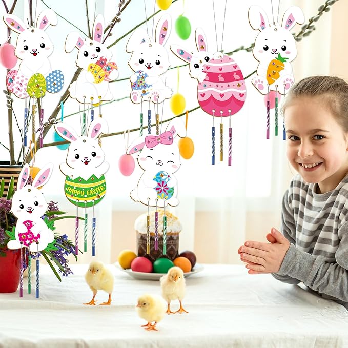 16 Pack Easter Bunny Wind Chime Kits Easter Crafts for Kid Make Your Own Easter Rabbit Wind Chime Wooden DIY Art and Crafts for Spring Party School Classroom Hanging Decoration Supplies Birthday Favor