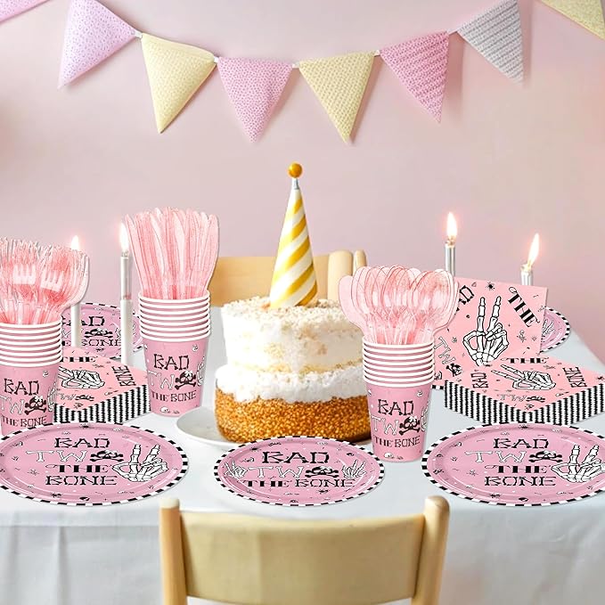 175 PCS Bad Two the Bone Party Decorations Girl, Pink Rock and Roll 2nd Birthday Party Plates and Napkins Skeleton 2nd Birthday Decorations for Girl, Serve 25