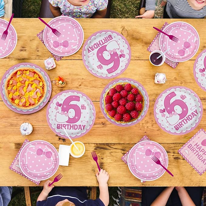 96 Pcs Pink Kitten 6th Birthday Decorations Pink Cat Plates and Napkins Disposable Tableware Set Cute Cartoon 6th Birthday Decoration for 6 Years Old Girl Cat Theme Birthdays Party Supplies Serves 24