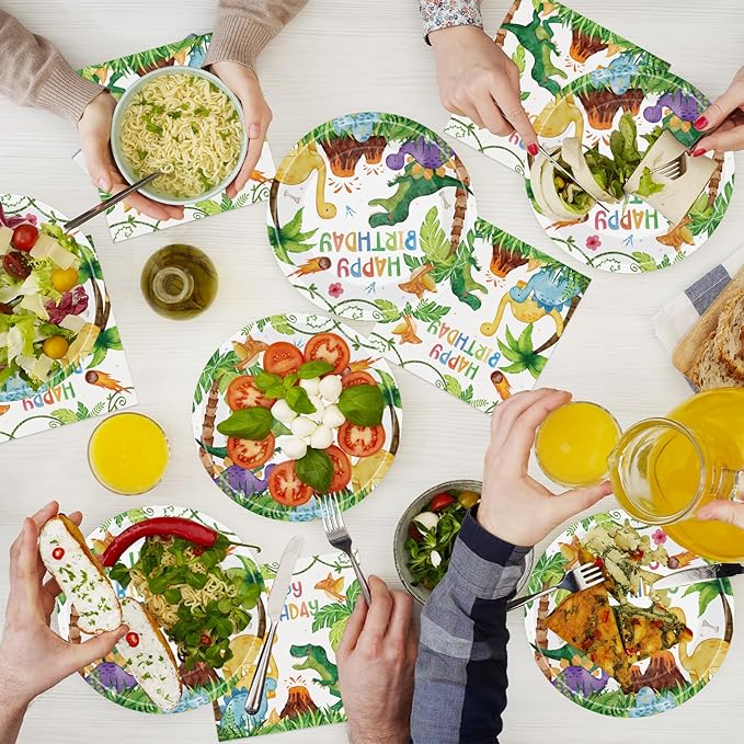 40 Pcs Dinosaur Plates and Napkins Sets - Happy Birthday Dino Party Supplies Tableware, Watercolor Disposable Paper Plates Napkins Kit for Dinosaur Birthday Party Decorations Table Decor, Serves 20