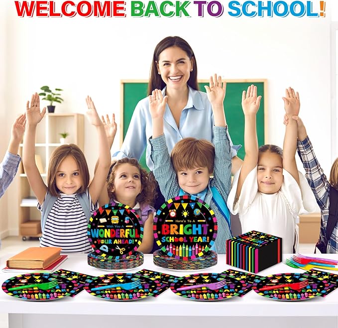 100PCS Back To School Decorations School Season Supplies Paper Plates Napkins Disposable Black Bottom Colorful Pattern Tableware Dinnerware for Student Birthday Picnic First Day of School Serves 25