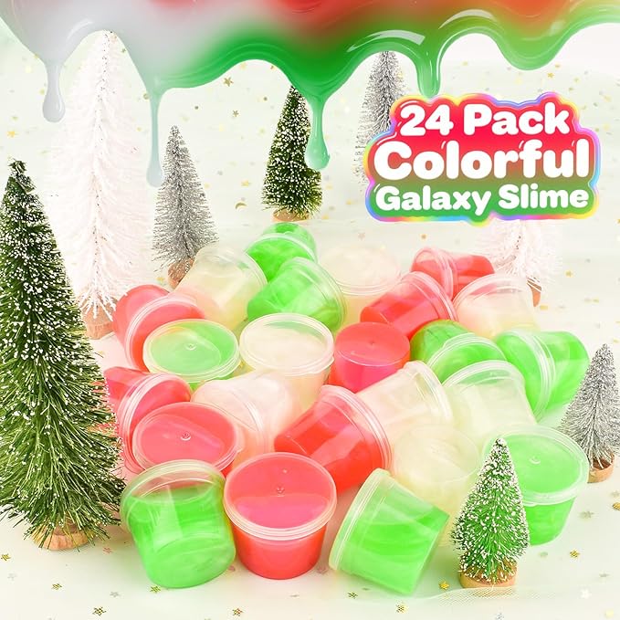 Galaxy Slime 24 Pack – Red, Green & White Slime Party Favors, Non-Sticky, Soft Slime Kit for Classroom Prizes, Christmas Stocking Stuffers, Goodie Bag Stuffers,Easter Basket Stuffers for Kids