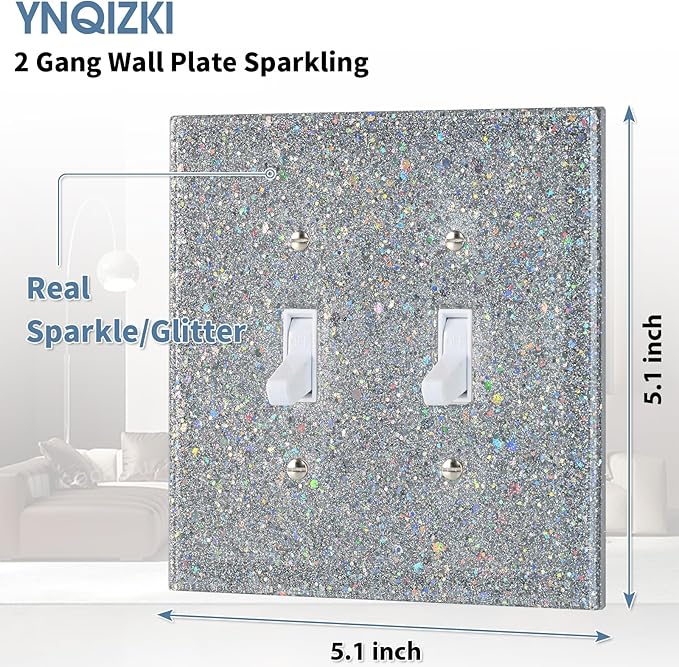 Light Switch Cover Plate - Shiny Deep Silver Mirror Finish (2-Gang,5.1" x 5.1") - Sparkle Double Toggle Wall Plate