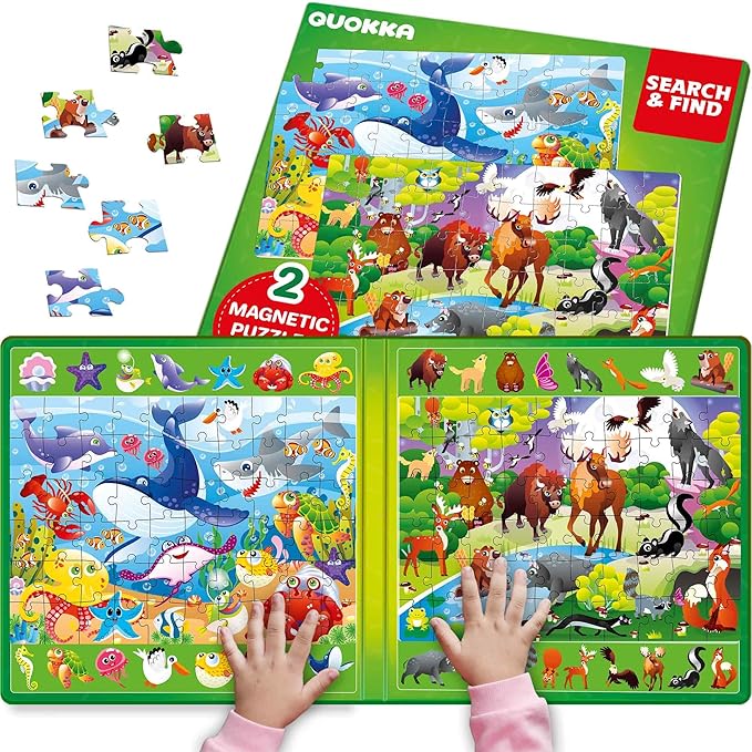 QUOKKA Magnetic Puzzles for Toddlers 3-5 – Search & Find 2 Pack, 60 Pieces Each – Travel Friendly Board with Hidden Objects, Ocean and Forest Scenes – Educational Puzzle Gift for 3 Year Olds