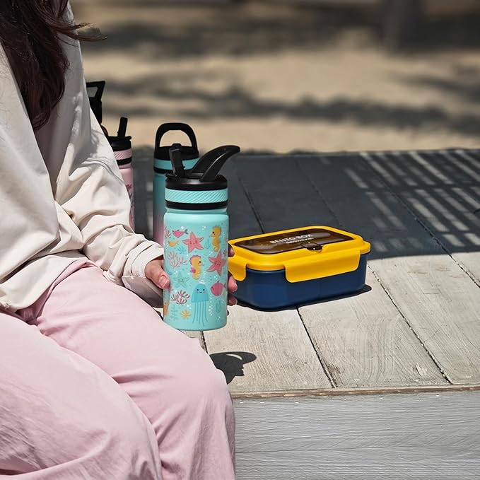 Fanhaw 14 Oz Kids Insulated Water Bottle with Straw - Stainless Steel Double Wall Vacuum Cup, Leakproof, BPA Free, Suitable for Boys and Girls(Black - Solar System)