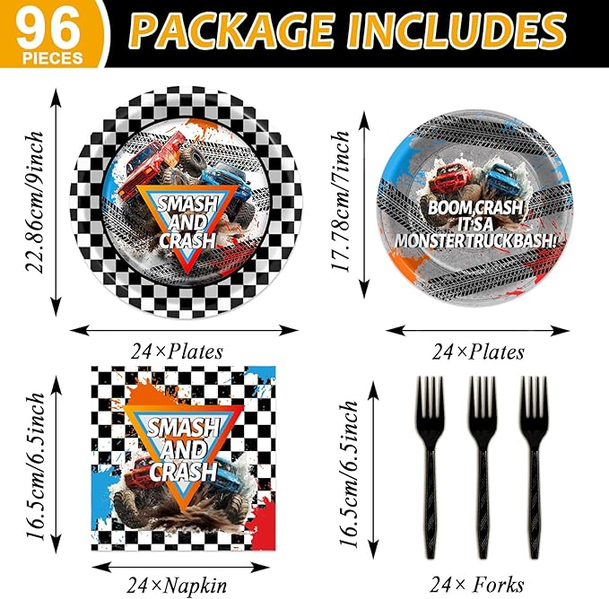 96Pcs Monster Truck Party Plates and Napkins for Monster Truck Birthday Party Supplies Paper Dessert Plates Tableware Set for Kids Boys 24 Guests Birthday Decorations