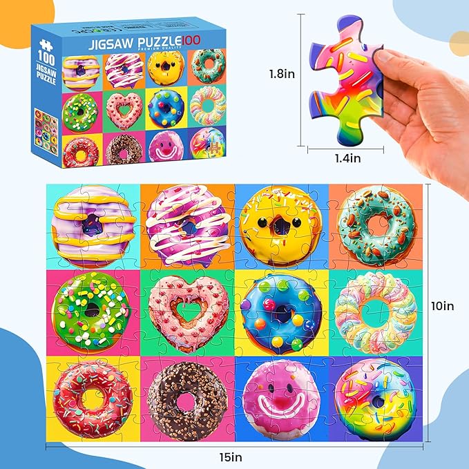 100 Pieces Puzzles for Kids Ages 4-8 | Delicious Donuts Jigsaw Puzzles | Large 100 Piece Puzzle for Toddler Children | Sturdy,Safe | Engaging & Educational Toys Great Gift for Boys Girls,15x10in