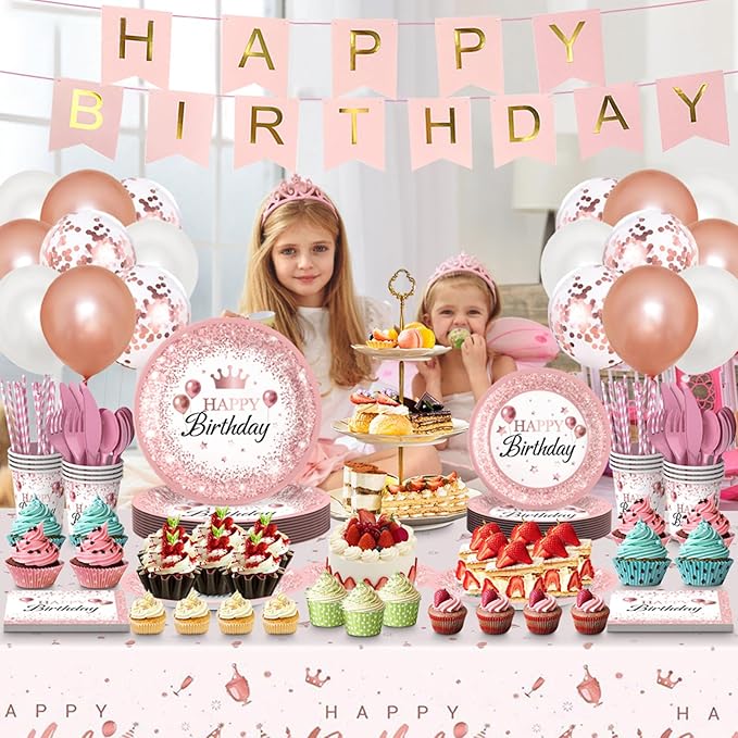 212Pcs Pink Birthday Decorations Disposable Dinnerware Sets,Birthday Party Supplies Plates Napkins Set Baby Shower Birthdays Party Plate Pink Set With Banners Cups Forks knives Spoons Serve 24
