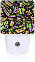 Happy Mardi Gras Night Light, Carnival Fleur De Lis Mask Beads Dusk to Dawn Night Light Plug in, 0.5w Energy Saving Sleep Friendly Nightlights for Kids Boys Girls Home Decor