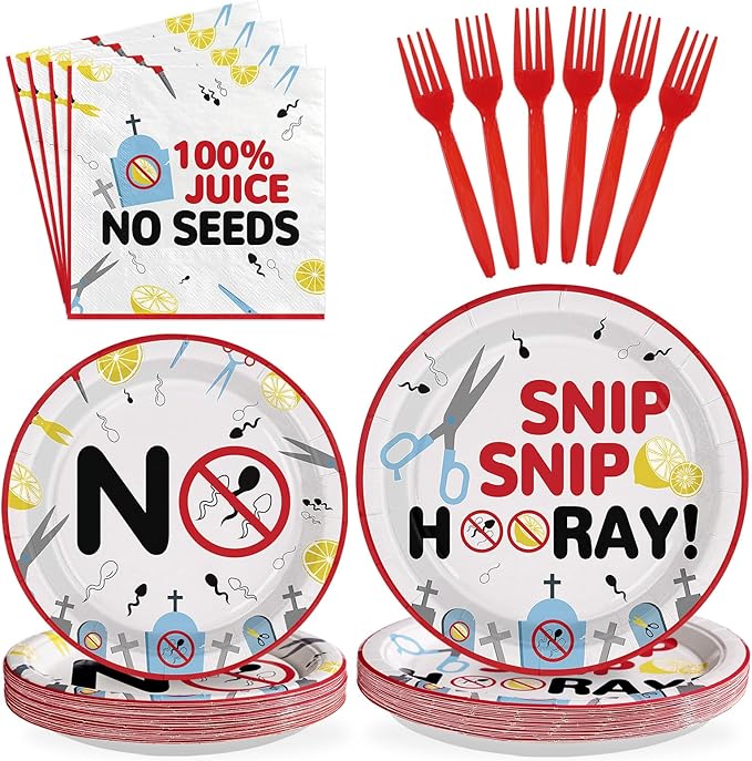 96Pcs Funny Vasectomy Party Supplies Snip Vasectomy Plates and Napkins Disposable Little Tadpole Scissors Tableware Set for Men Boys Get Well Soon Husband Boyfriend Humor Party Decorations Serves 24
