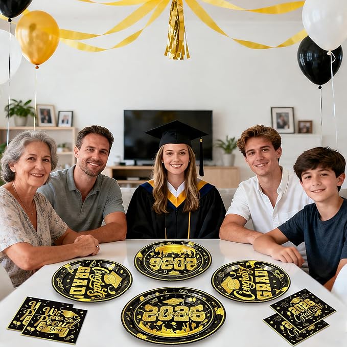 144Pcs 2026 Graduation Plates and Napkins for 48 Guests, Black and Gold Congrats Grad Party Supplies, Class of 2026 Disposable Paper Plates Napkins Forks for Graduation Party Decorations