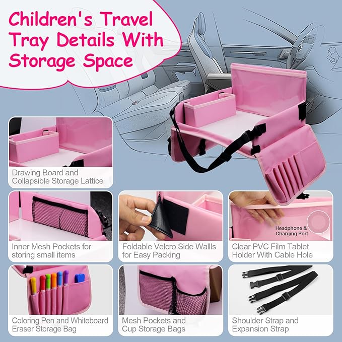 Car Seat Tray for Kids Travel, Carseat Tray for Toddler Road Trip Activities, Car Trays for Kids Road Trip Essentials, Travel Trays for Airplane, Toddler Car Seat Lap Table - Pink