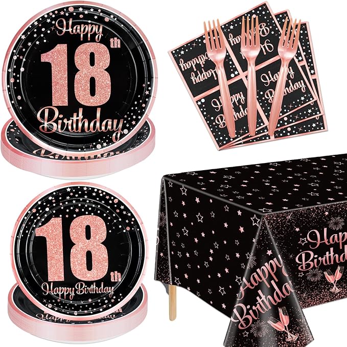 18th Black and Rose Glod Birthday Decorations for Boys Girls - 81 Pcs Plates, Napkins, 18th Tablecloth, Forks for Black and Rose Gold Party Decorations Serve 20