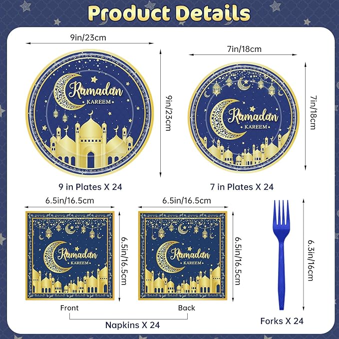 96 Pcs Ramadan Plates and Napkins Forks Sets - Blue Gold Eid Mubarak Themed Round Tableware, Disposable KAREEM Paper Plates Napkins Kit for Ramadan Party Supplies Favors Table Decorations, Serves 24