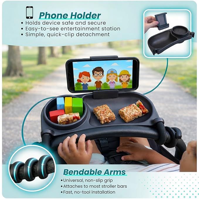Swanoo Universal Stroller Snack Tray with Phone Holder | Compatible with Nuna Mockingbird Bugaboo Uppababy | Stroller Bumper Bar Tray Attachment | Baby Toddler Disneyland -Single Pack