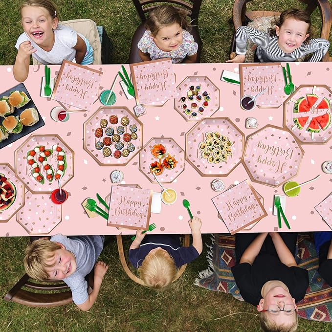 Rose Gold Birthday Party Supplies - Disposable Paper Plates, Napkins, Cups, Tablecloth & Banner for Girl/Women Celebration, Serves 25 - Decorate with Our Rose Gold Plates and Napkins Set