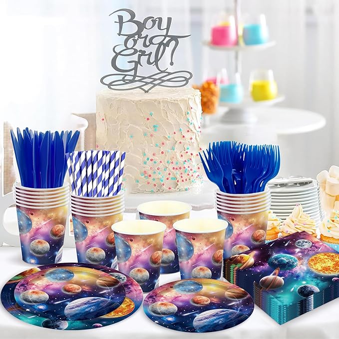 168PCS Planet Party Supplies for Girls Boys Space Themed Happy Birthday Party Decorations Galaxy Planet Outer Space Paper Plates Napkin Cups Forks Knives Straw Tableware for 24 Guests